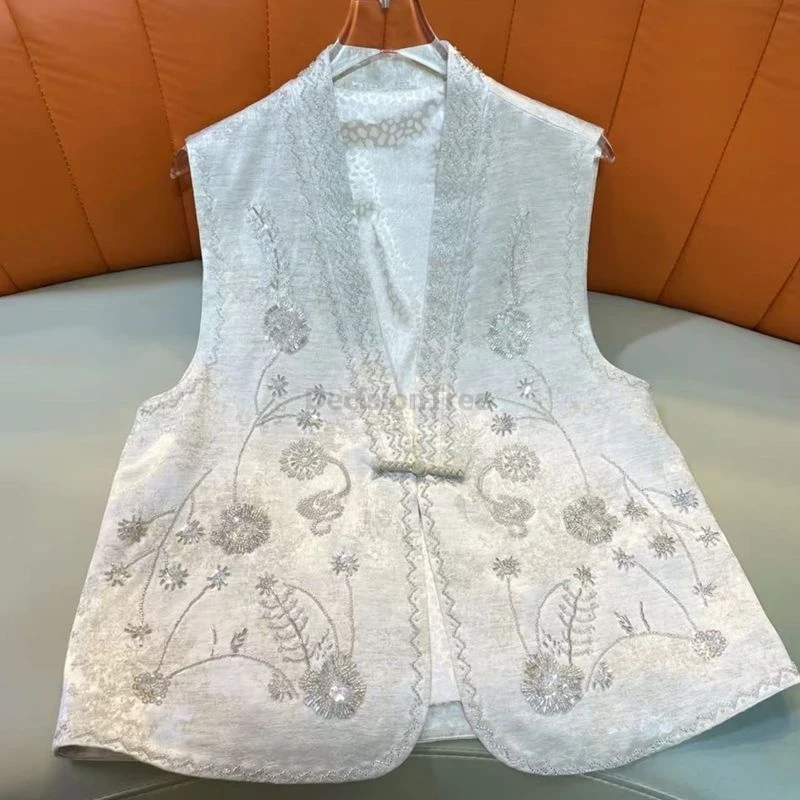 

Spring Autumn Luxury Women Vest Beaded Chinese Sequins Loose Single-breasted Vest Fashion V-neck Embroidery Daily Fashion Coat
