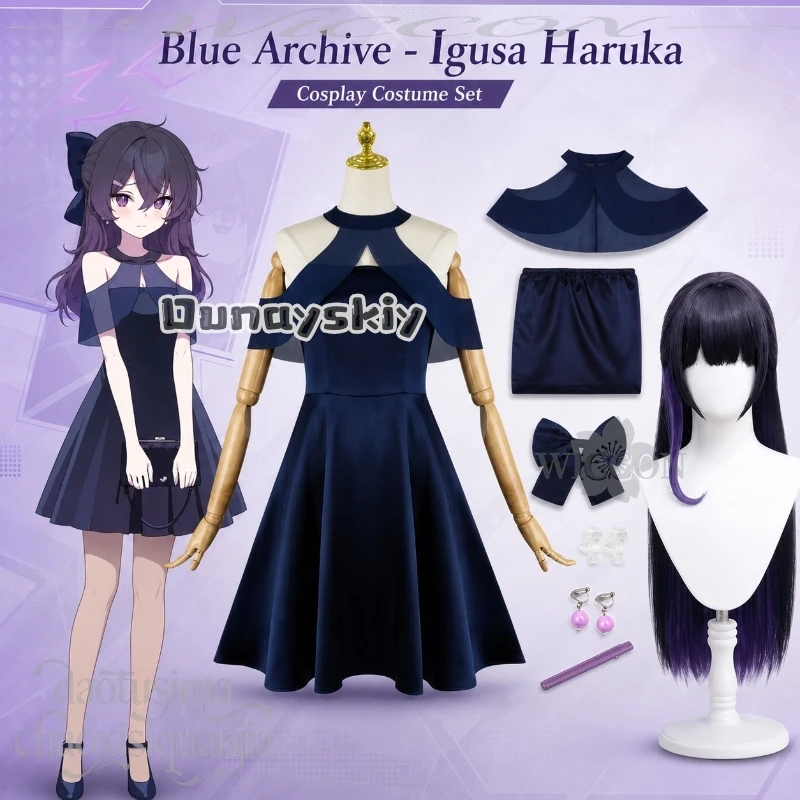 Costume Igusa Haruka, robe de soirée bleu foncé, coiffe Lolita, boucles d'oreilles, perruques, Halloween, Noël, cosplay, anime, jeu Blue Archive