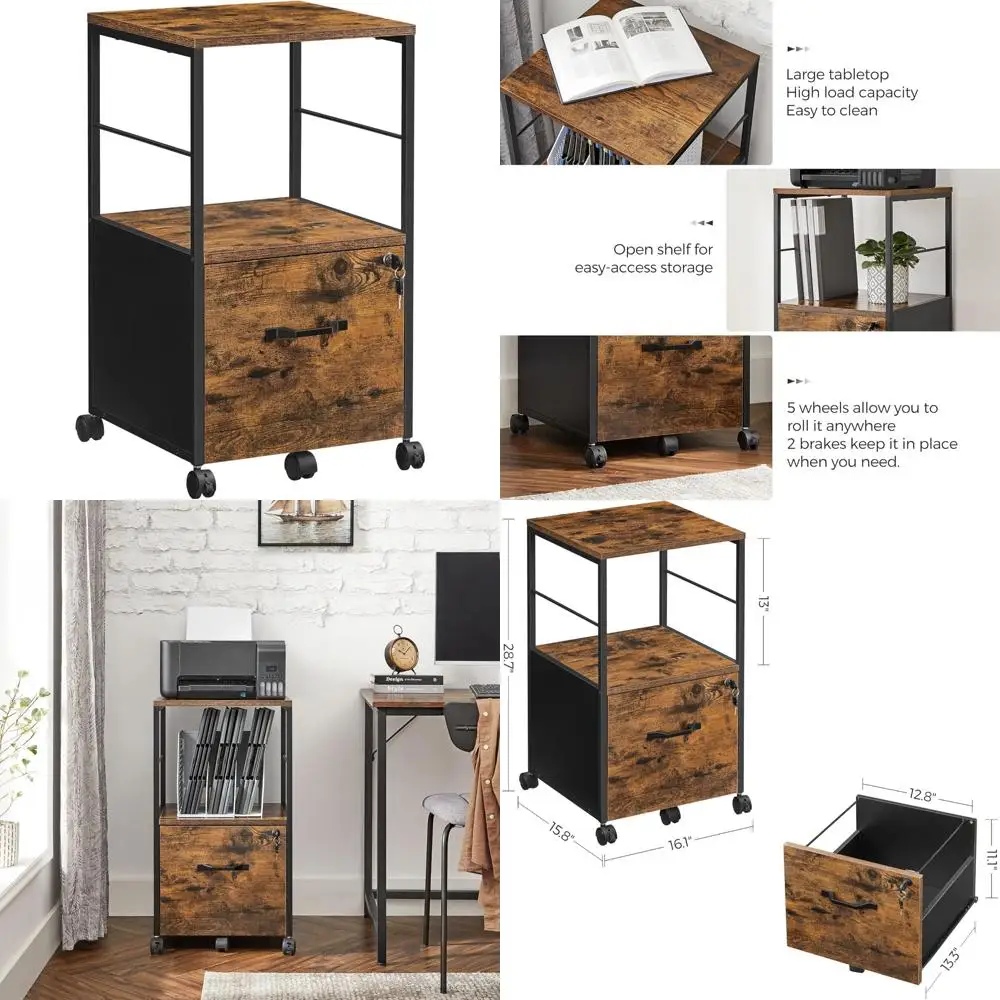 

1 Drawer Lockable File Cabinet, Printer Stand, Office Organizer for A4 and Letter Size Documents, Rustic Style