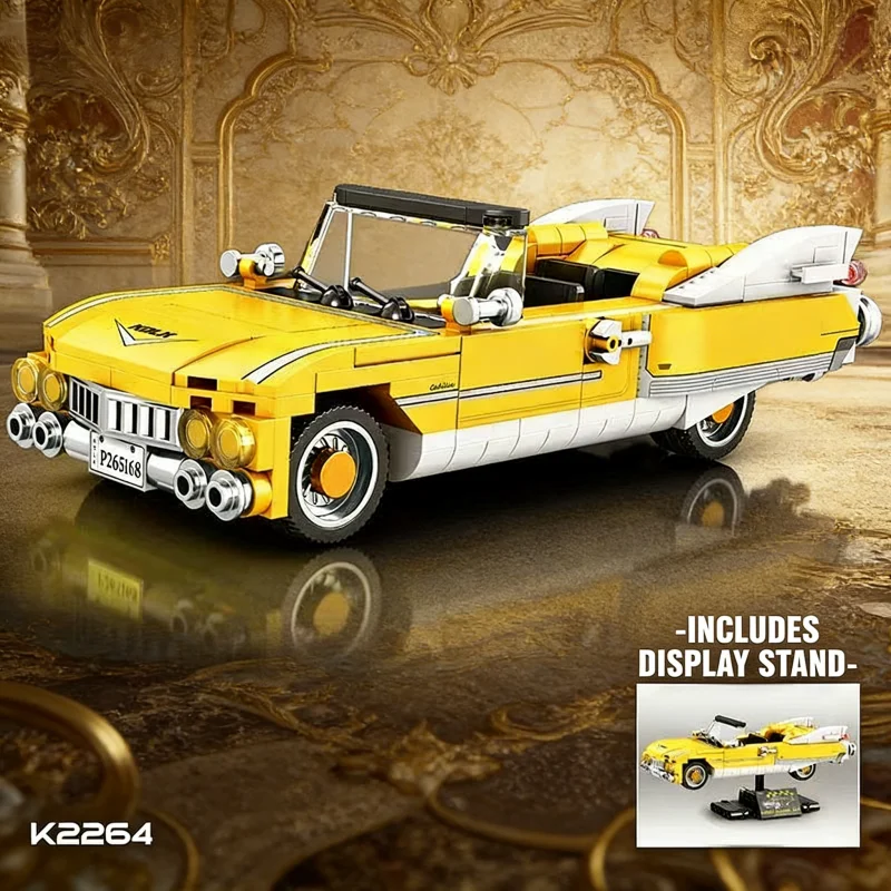 Yellow Vintage Convertible Car Building Blocks Set with Display Stand, Classic Retro Vehicle Model, Collectible Desktop Decor