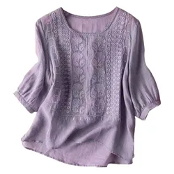 Top da donna in cotone e lino sottile estivo girocollo T-shirt senza maniche traspirante retrò artistica ricamata top casual larghi