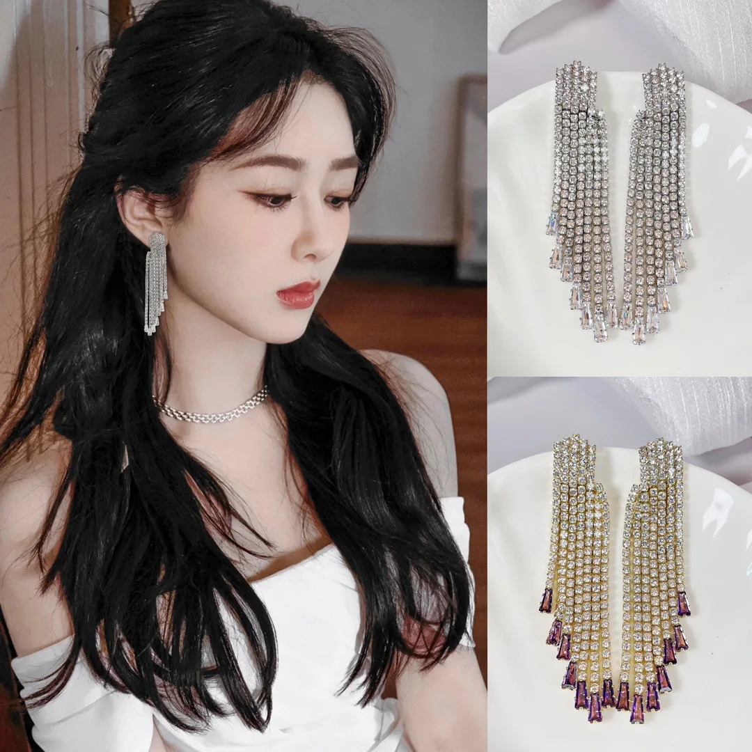 Bilincolor  Fashionable Light Luxury Colorful Zircon Temperament Smart Tassel Earrings for Women