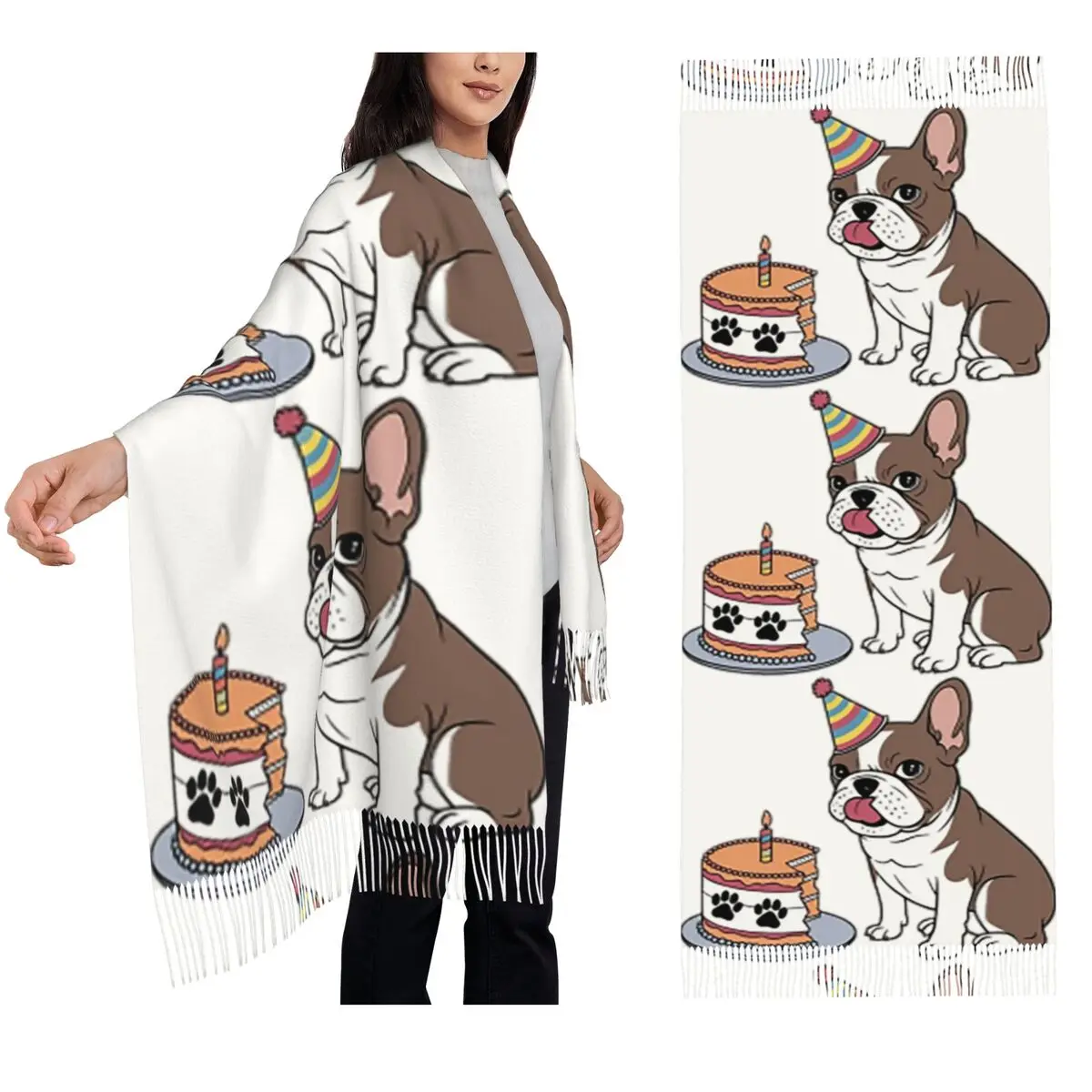 Bufanda de pastel de cumpleaños de Bulldog Francés, bufandas con borlas, chales y chales suaves y cálidos para mujer, chal largo para Otoño e Invierno
