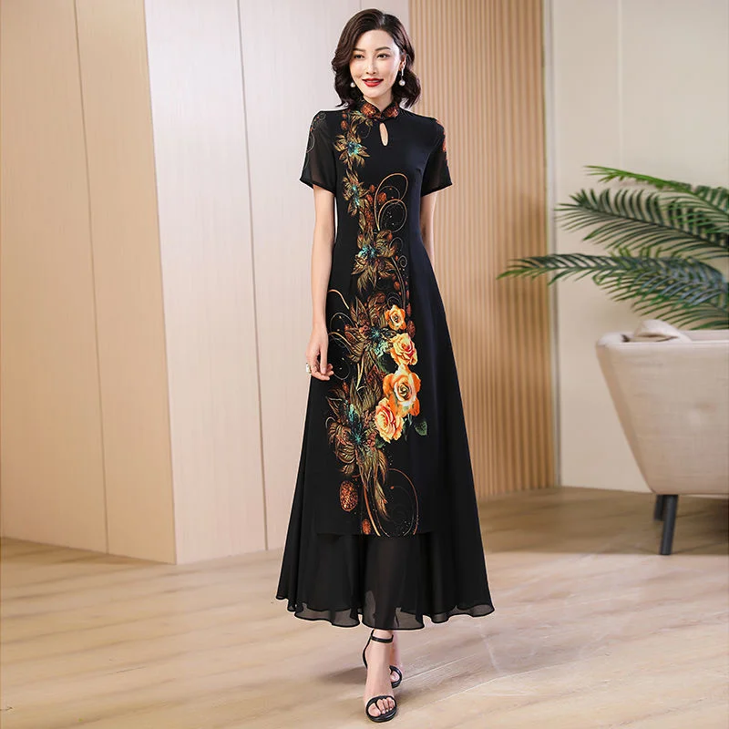 

2023 Summer Women New High end New Chinese Style Temperament Slim Fit Chiffon Printing Improved Qipao Dress Female A-line Dress