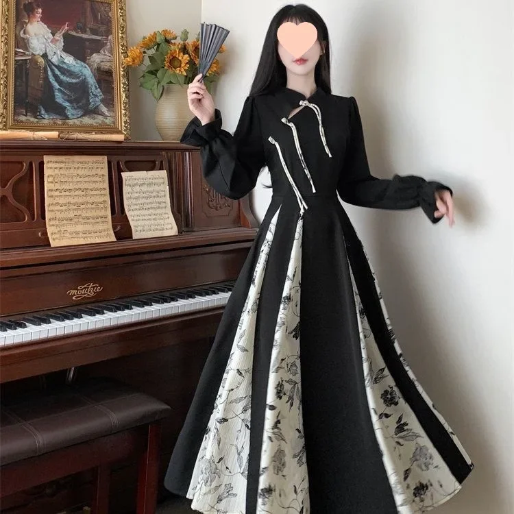 جديد النمط الصيني المرأة فستان تشيباو طويل التخسيس الخصر تصميم الركبة طول كم كامل الوقوف طوق الإمبراطورية الخصر فستان