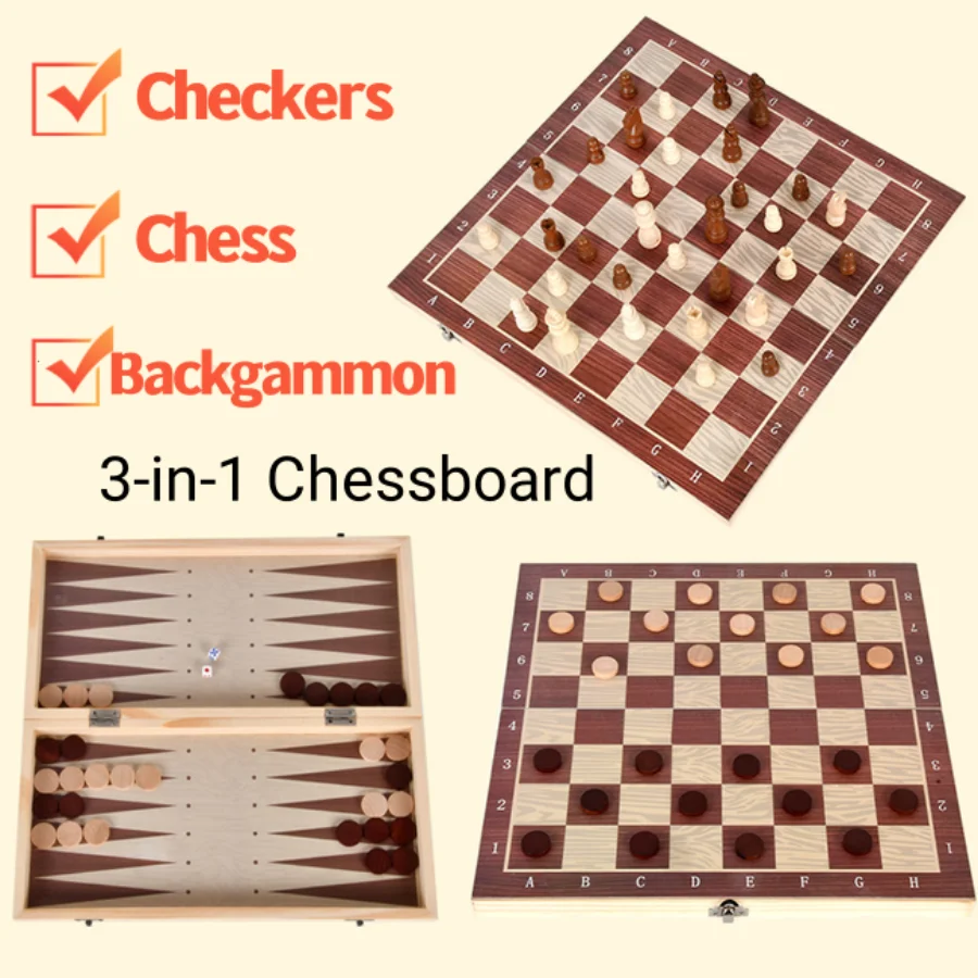 3 in 1 Chess Board, Folding Wooden Portable Chess Game Board, Wooden Chess Board for Adults(Chess + Checkers and Backgammon)