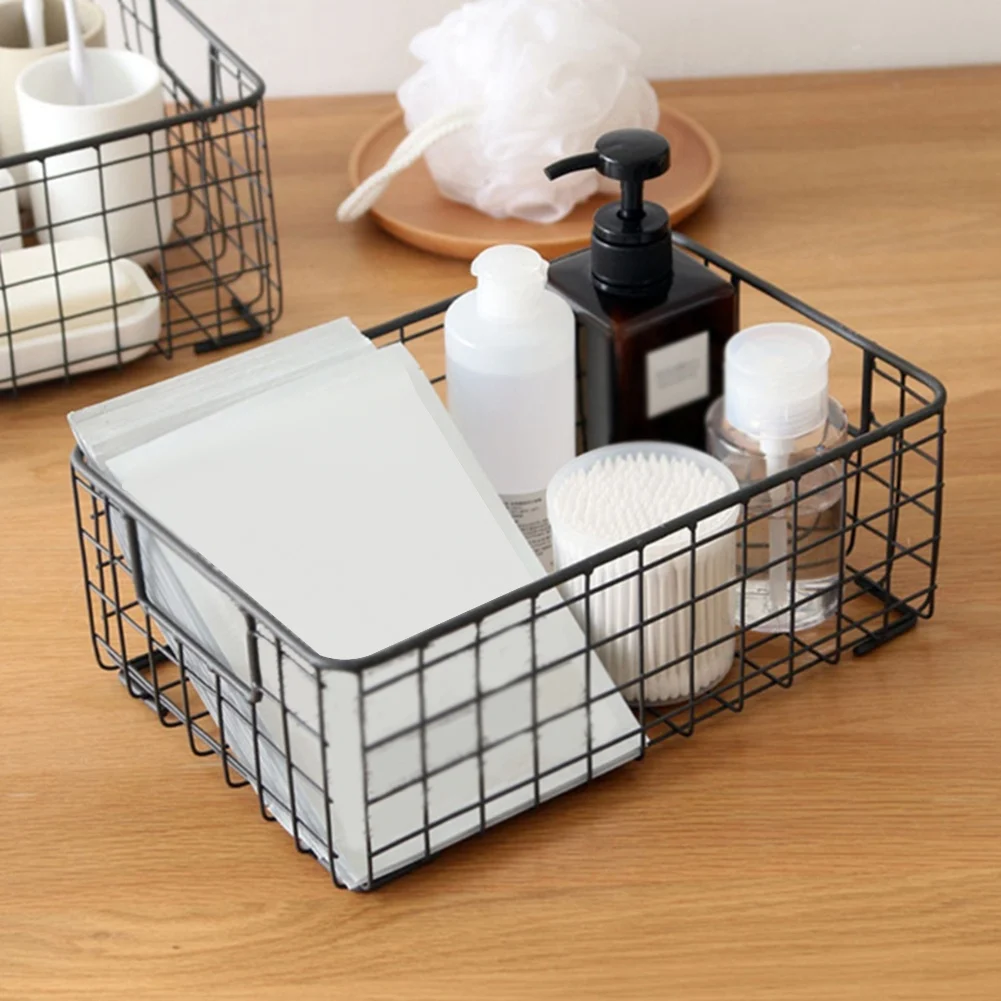 سلة تخزين سلكية معدنية إبداعية بمقبض ، حاوية متنوعات من الحديد المطاوع ، مطبخ أبيض