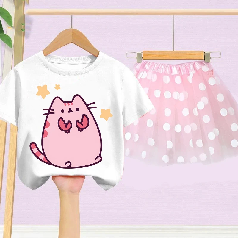 

Anime T-shirt Skirt Set Pusheens Summer Girls Clothes Fashion Tees Yarn Skirts Kids Top Kilt Short Sleeve Children Birthday Gift