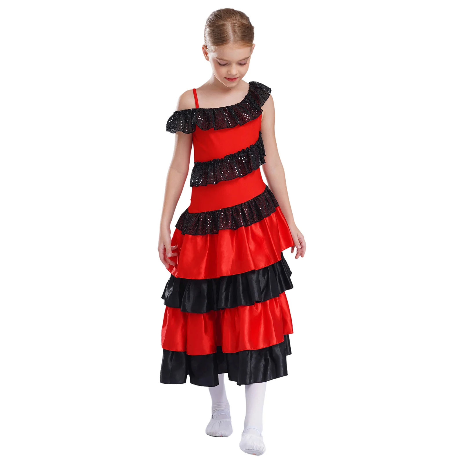 Disfraz de Flamenco para niñas, bailarina española de satén, falda con volantes escalonados y círculo completo, vestido elegante de baile para Festival gitano de Halloween