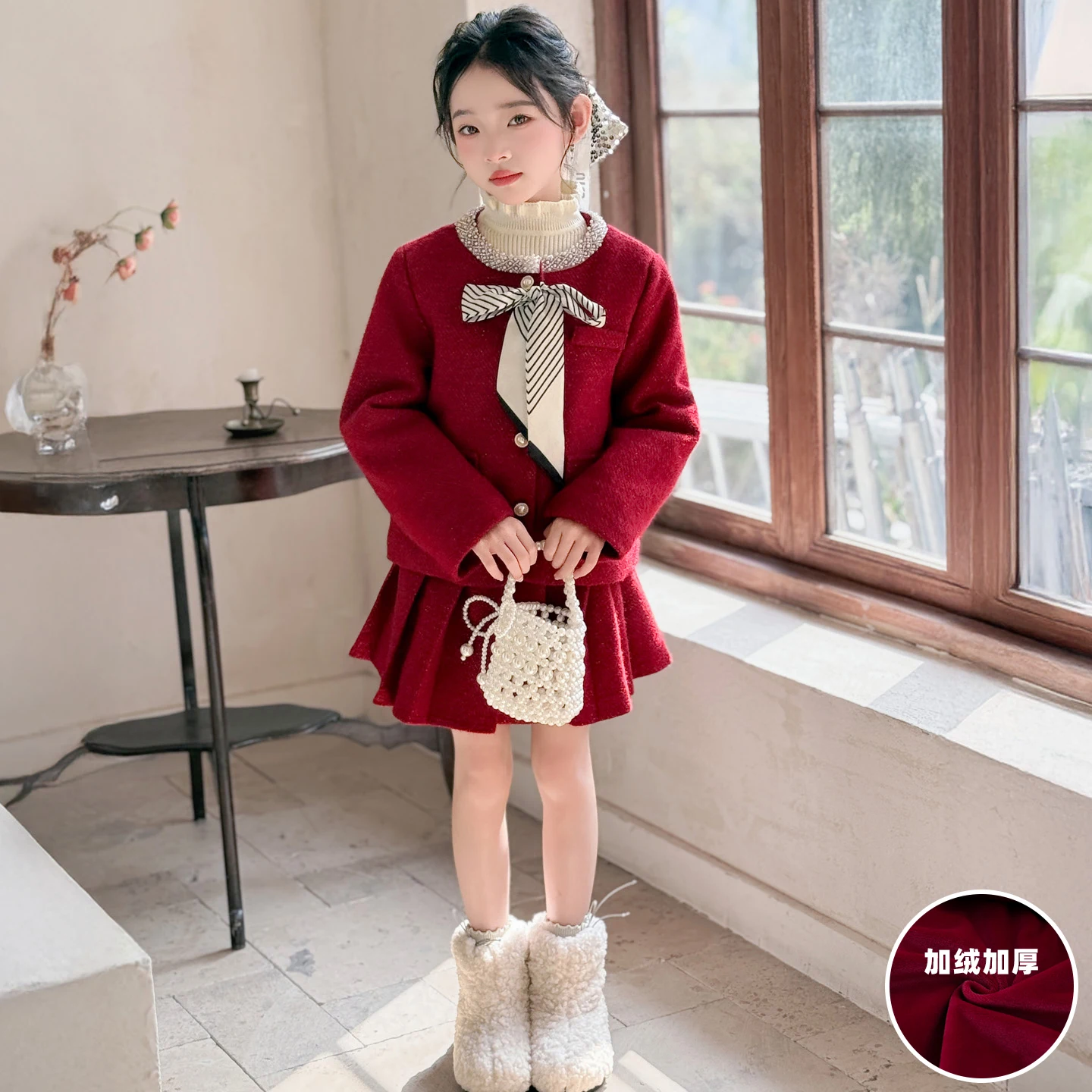 French design14 teen girl skirts suit red Pearl collar Thick velvet coat+pleated skirt 2pcs junior kid clothes set child outfits
