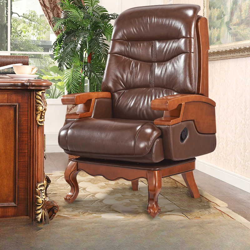 Solid wood leather, office, ergonomics, study, reclinable, boss chair