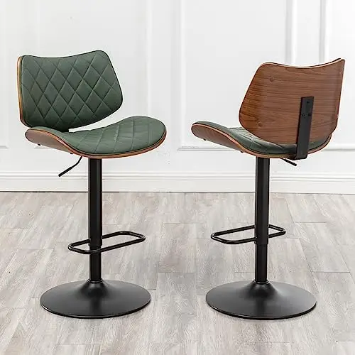 

2-Piece Adjustable Green Leather Bar Stools, 360° Swivel, Counter Height for Kitchen Island/Dining Room/Cafe