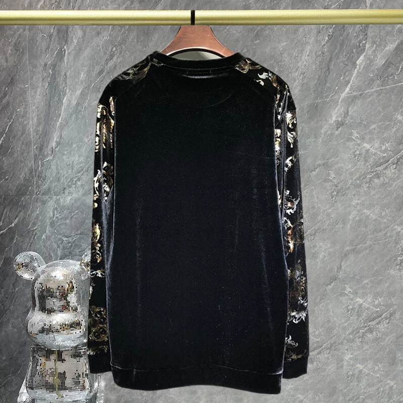 High Quality Men Long Sleeved Rhinestone T-shirt Luxury Gold Velvet Men Personality Sleeves T-shirt Fashion Hot Diamond T-shirt