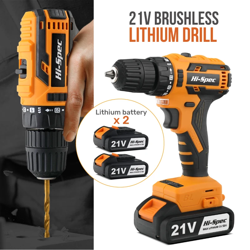 Hi-Spec Brushless Electric Drill 18V 20V Cordless Drill Electric Screwdriver Mini Lithium-Ion Battery Wireless Power Driver