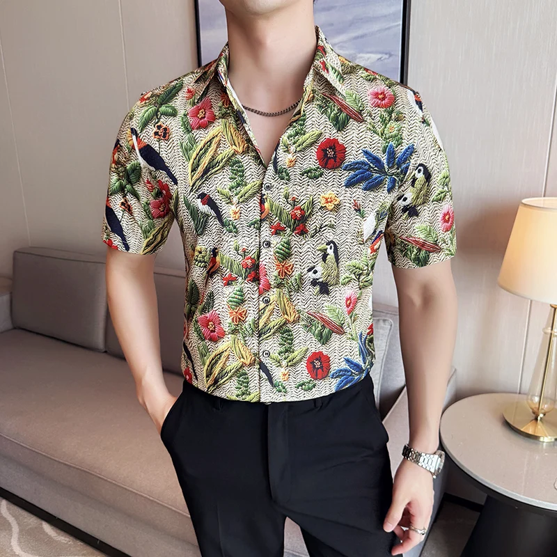 

Высококачественная летняя мужская рубашка с принтом, дышащая повседневная рубашка из ледяного шелка с короткими рукавами, тонкие деловые уличные рубашки