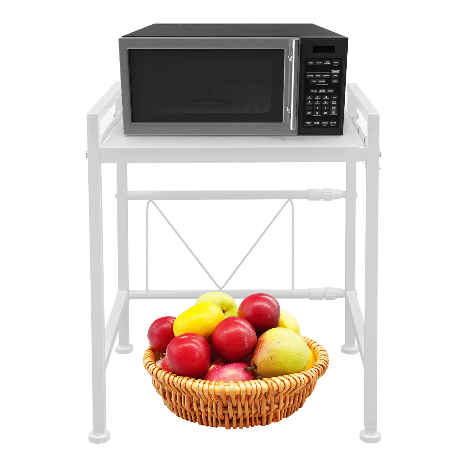 Expandable Microwave Rack White Carbon Steel Baking Paint H-shaped Frame Max 33.07lbs Load 40-65cm Stretch Length 2 Tiers Countertop Microwave Shelf Adjustable Layer Height H-shaped Kitchen Storage Stand For Home Kitchen Canteen