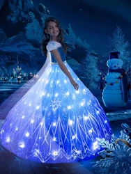 New Frozen Princess Elsa LED Light Up Dress for Girls Kids Cosplay Party Clothes Snow Queen Carnival Christmas Prom Gown ﻿