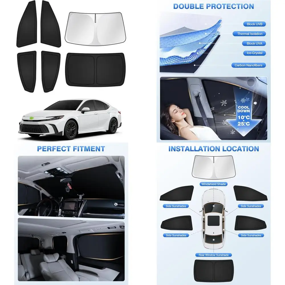 Windshield Sunshade, Side and Rear Window Shade Cover, Sun Visor Shield, Privacy Protection, Vehicle Cooling, Black, 6-Piece Set