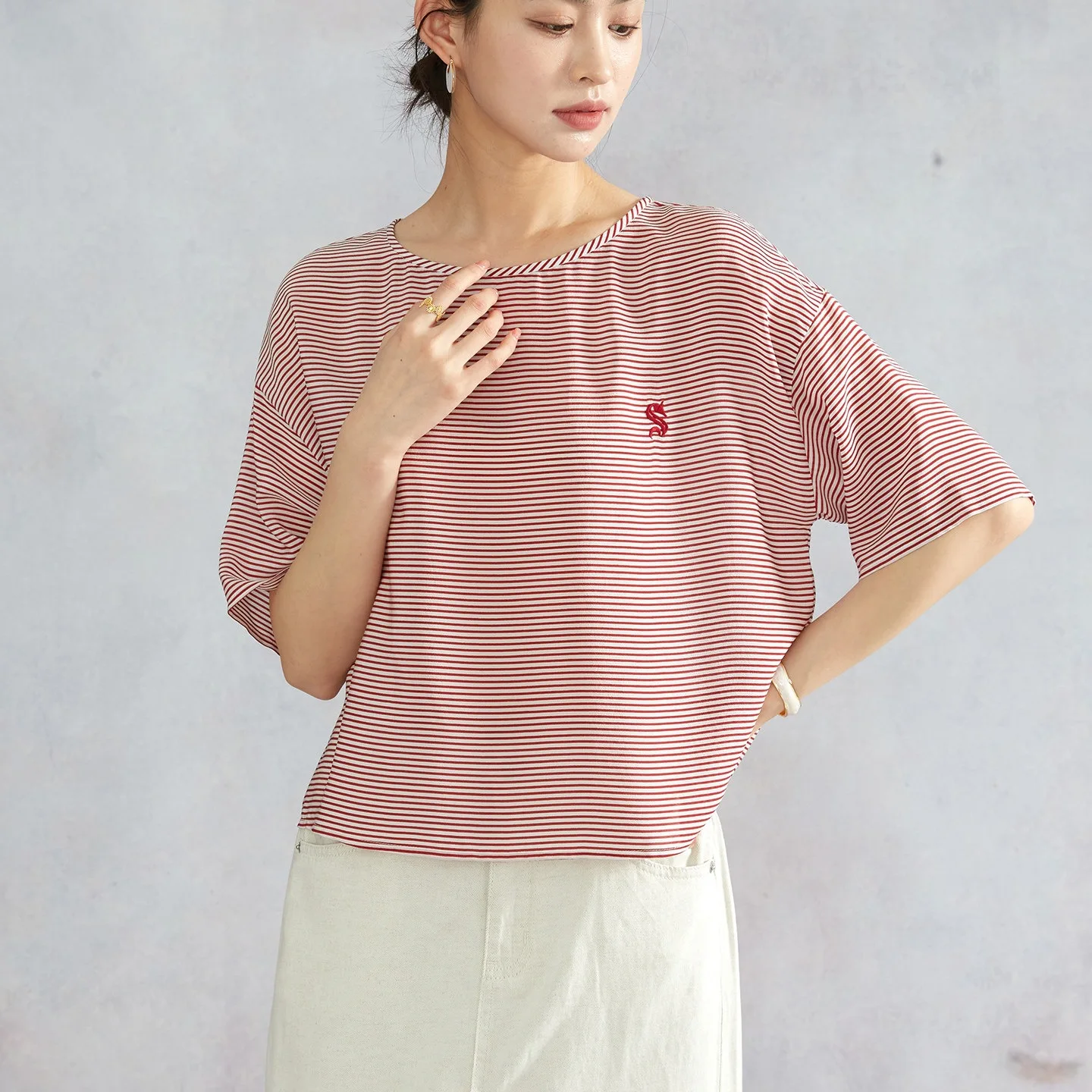 100% Mulberry Silk Crepe de Chine Short Sleeve Tee Women Pony Embroidery Loose Casual Striped Blouse