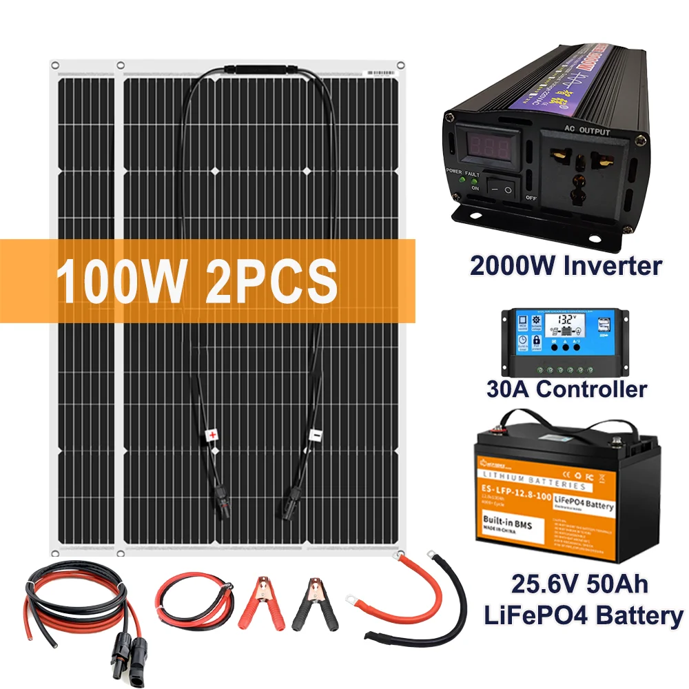 2000W Inverter Solar Panel Complete Kit 12V Outdoor Car Charger with 30A Charger Controller Power Generation Home Grid Camp