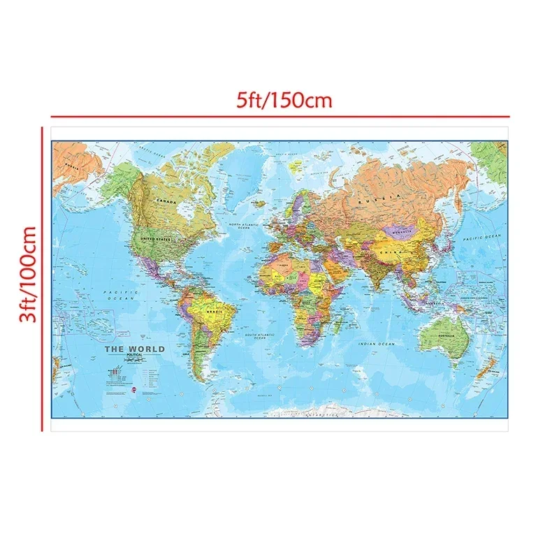 Mapa político del mundo de 150x100cm, póster de pared detallado, pinturas en lienzo impresas transparentes, decoración del hogar para el aula, suministros escolares