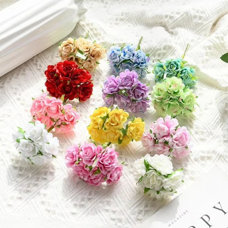 

60PCS Artificial Flowers MINI Rose Bouquet Wedding Bridal Clearance Valentine Decoration Vase for Home Garden Diy Gift Candy Box