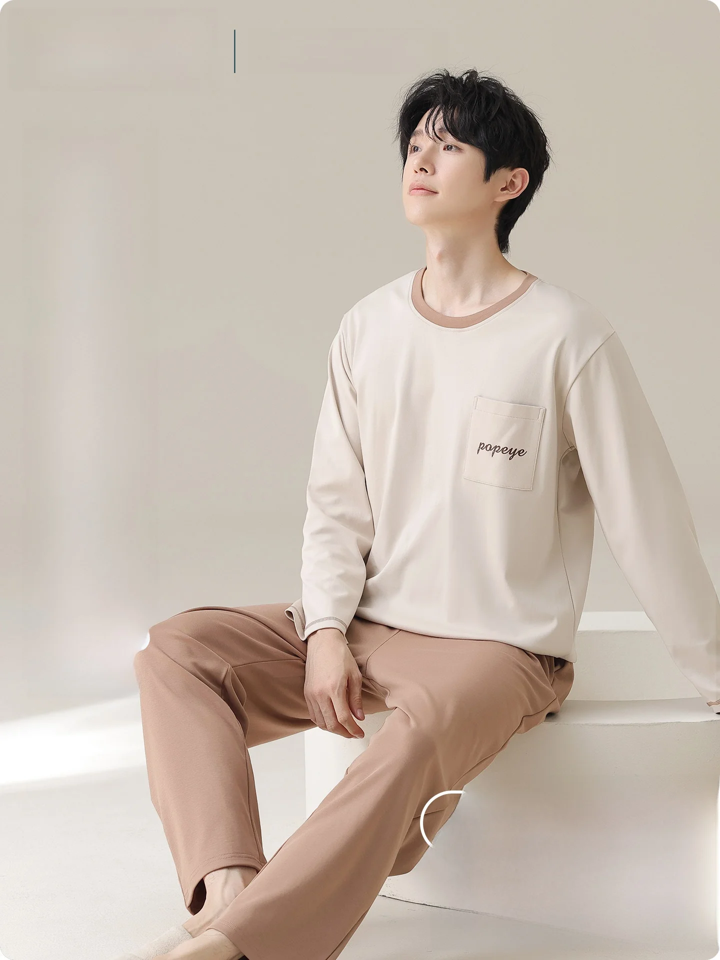 Plandoo Men's Sleepwear Long Sleeve round Neck Cotton Pajamas Set Large Size Comfortable Home Clothes for Autumn Winter