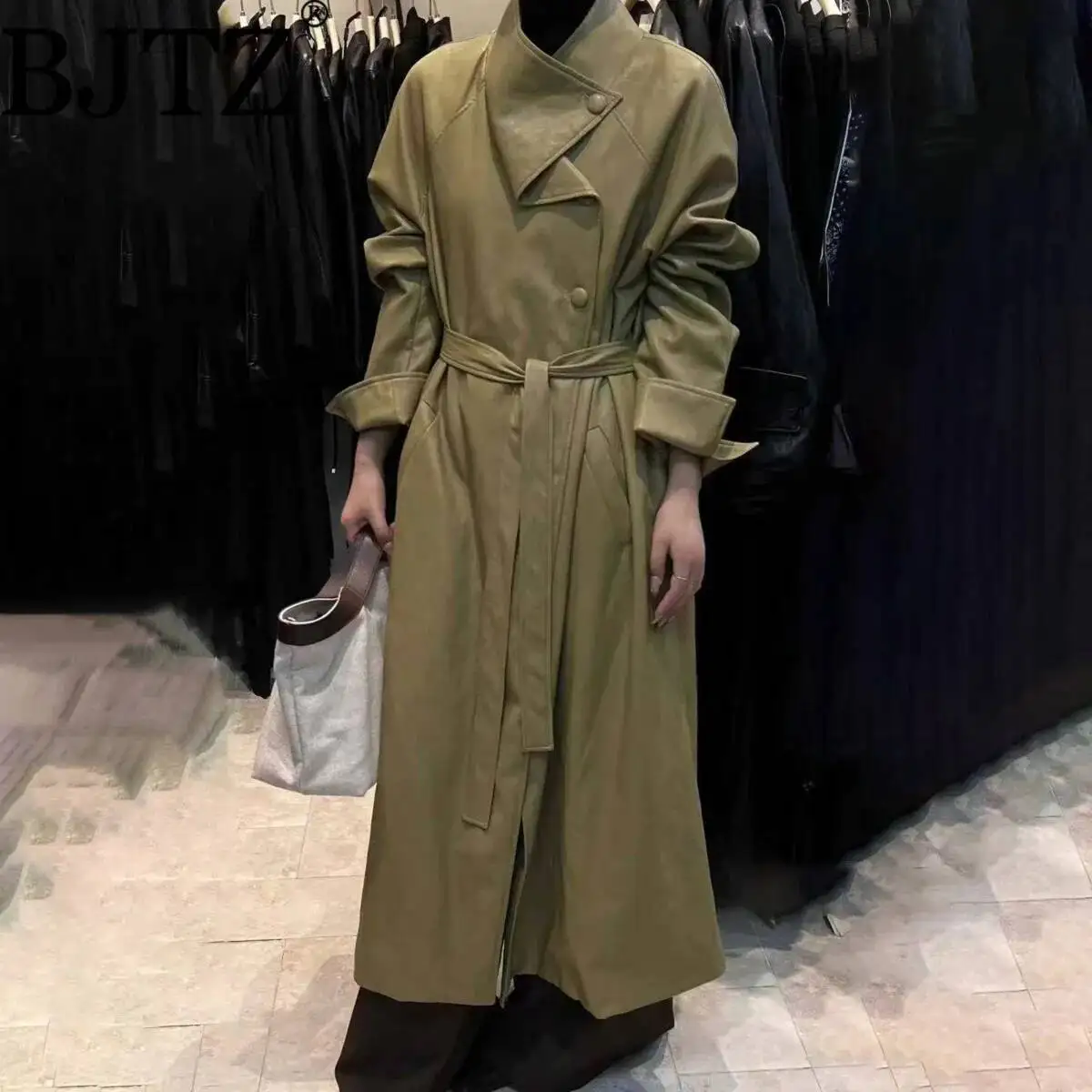 

BJTZ Minimalist Oversized Belted Waist Trench Coat 2025 New Autumn Draped Soft Lounge Long Coat Luxury Fall Essentials