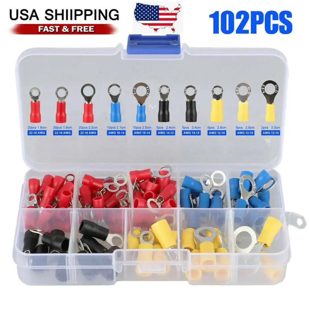 102PCS Insulated Electrical Wire Splice Terminal Spade/Crimp/Ring Connector Kit