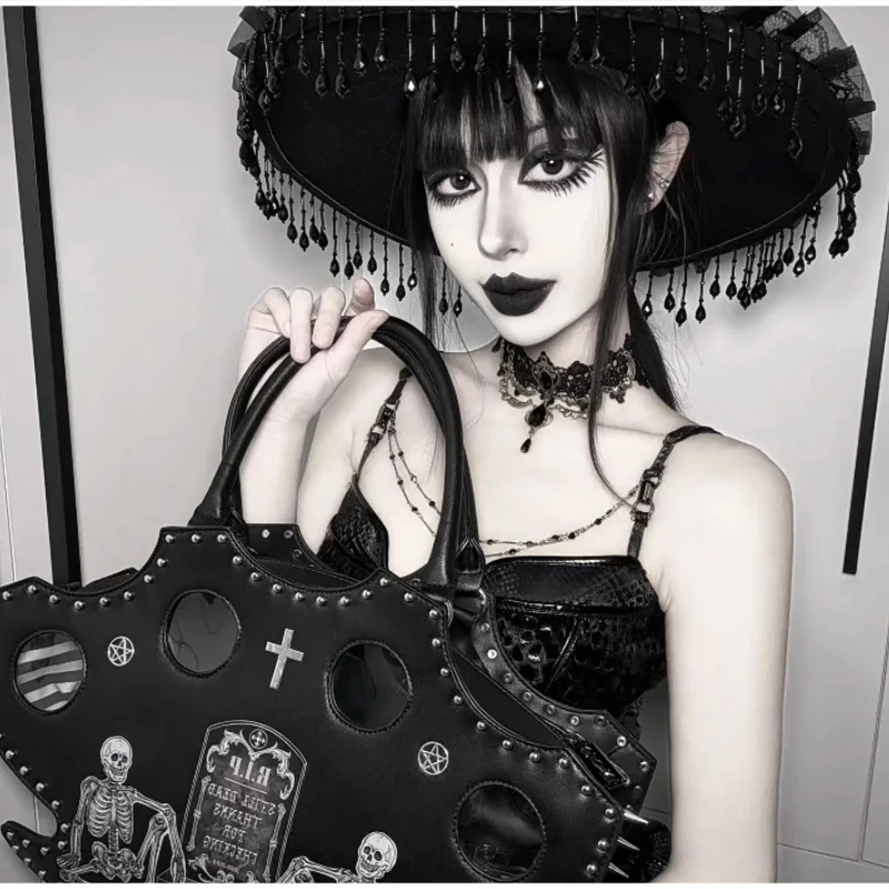 Modische Halloween-Totenkopf-Gothic-Handtasche, Persönliche Vintage-Damen-Tragetasche, Schultertasche, Umhängetasche, Street-Style, Punk-Nieten – Detail 22
