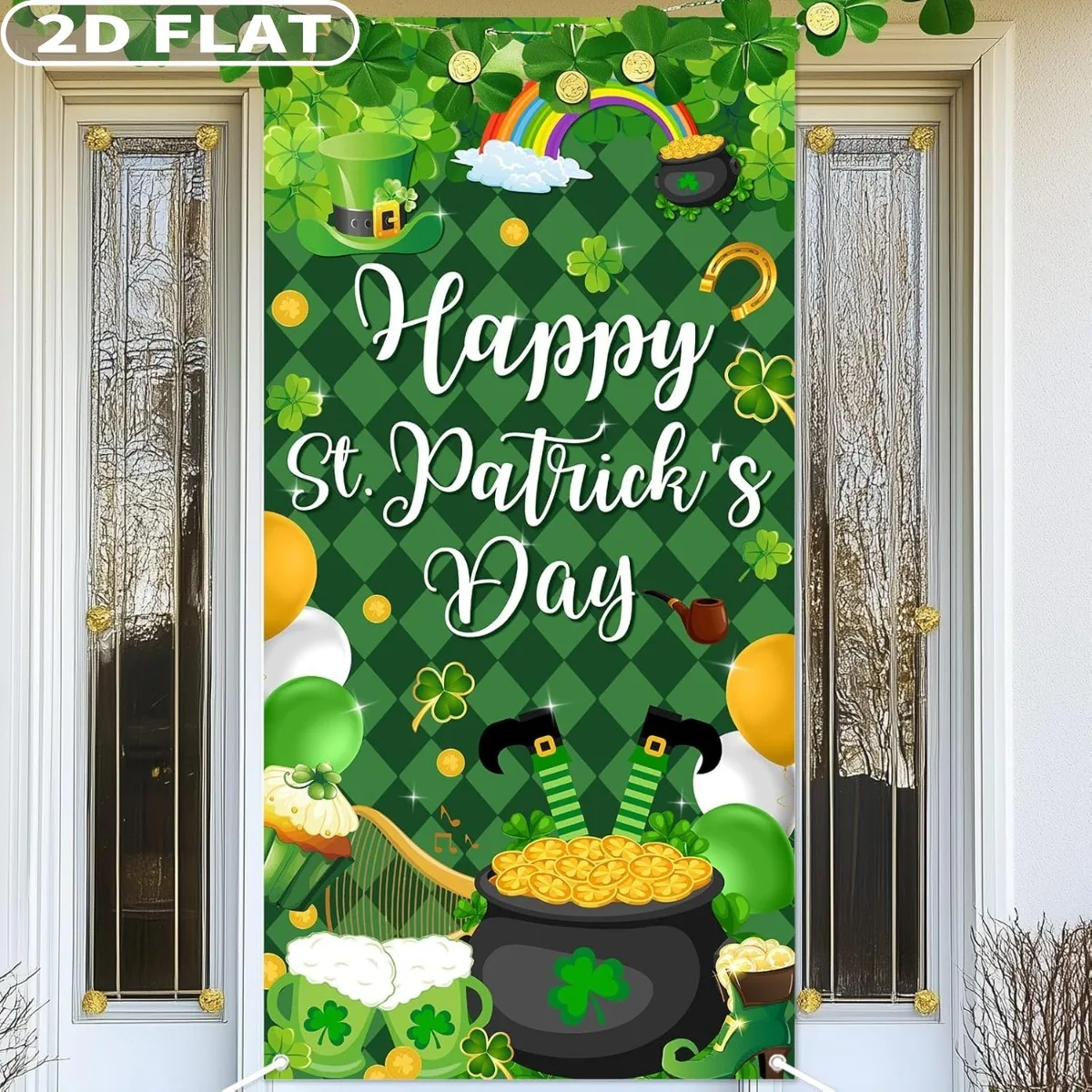 2D FLAT 1pc St. Patricks Day Party Door Banner Decor, Green Shamrock Irish Banner
