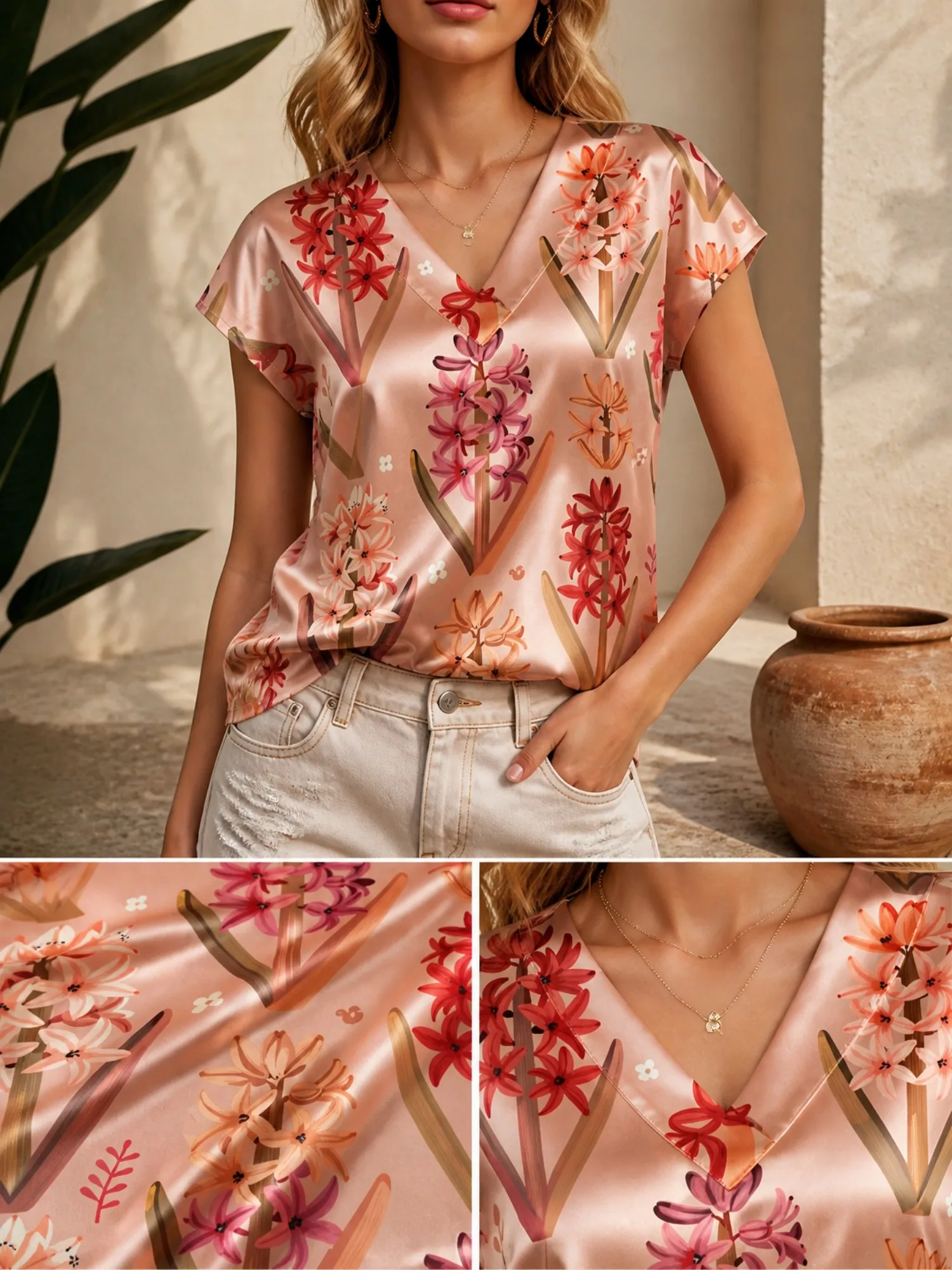 Floral Satin V Neck Top for Women Cap Sleeve Flowy Draped Fit Silky Summer Cruise Daily Wear Lightweight Breathable Stylish Airy