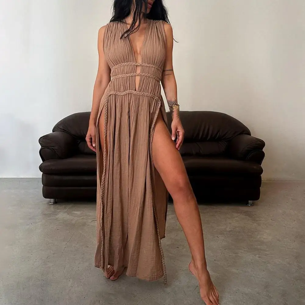 

Cutout Slit Dress Bohemian Style Lace-up Maxi Dress with Belted Waist Hollow Out Detail V Neck Summer Long Dress for Vacation