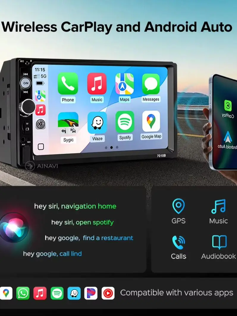 AINAVI Autoradio Universal Kabelloses Carplay Android Auto Bluetooth 2 Din Auto-Multimedia-Player Autoradio Pantalla Coche HD-Bildschirm FM-Radio Samochodowe Car Play Auto Inalámbrico Apple Smart Car