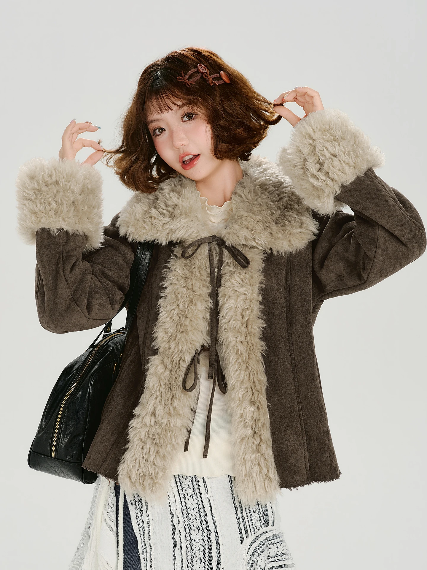 

Girly American Retro Plu Collar Jaet Women's Winter Thiened Sexy Slim Fit Top Vintage Sle ort Outerwear