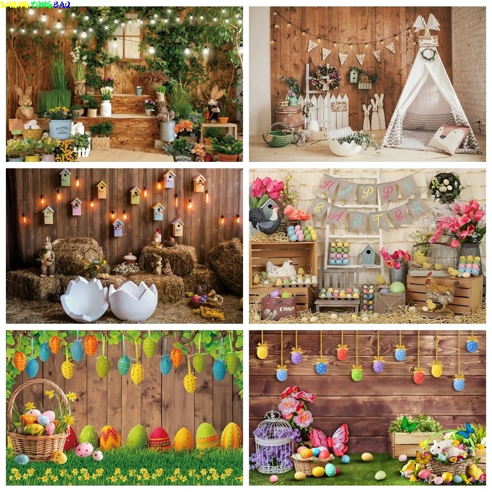 

Spring Easter Photography Backdrop Rabbit Eggs Floral Bunny Wooden Wall Happy Easter Kids Baby Portrait Background Photo Studio