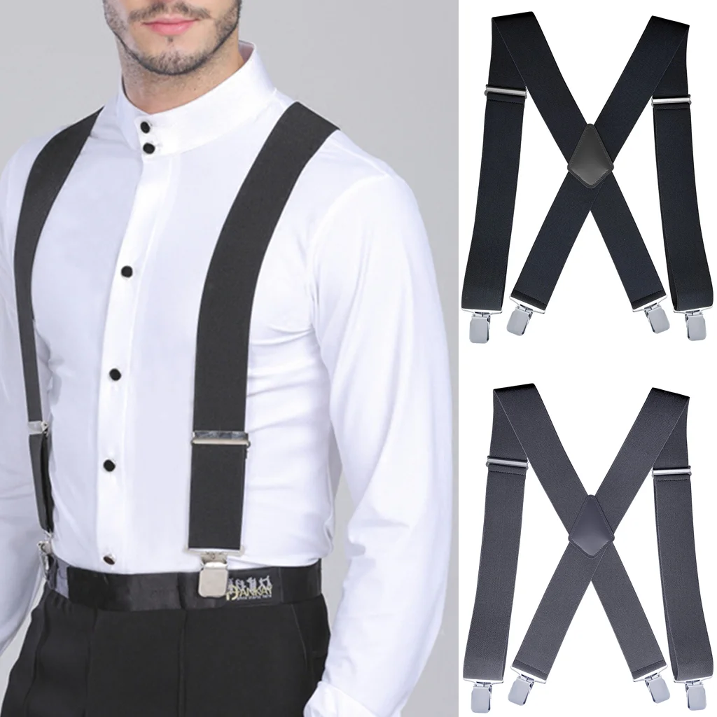 Suspenders for Men Work Heavy Duty Big and Tall 3.5cm Wide X Back with 4 Strong Clips Adjustable Elastic Trouser Braces Straps