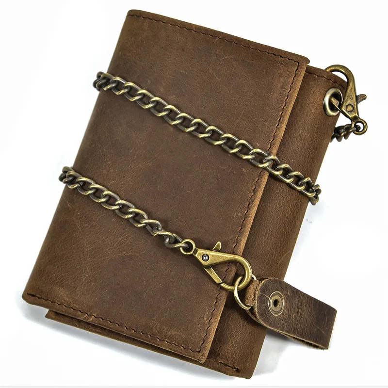 

Genuine Leather Men Short Wallet Trifold Vintage Chain Design Wallet Card Holder Key Wallets Luxury Male Purse High Quality