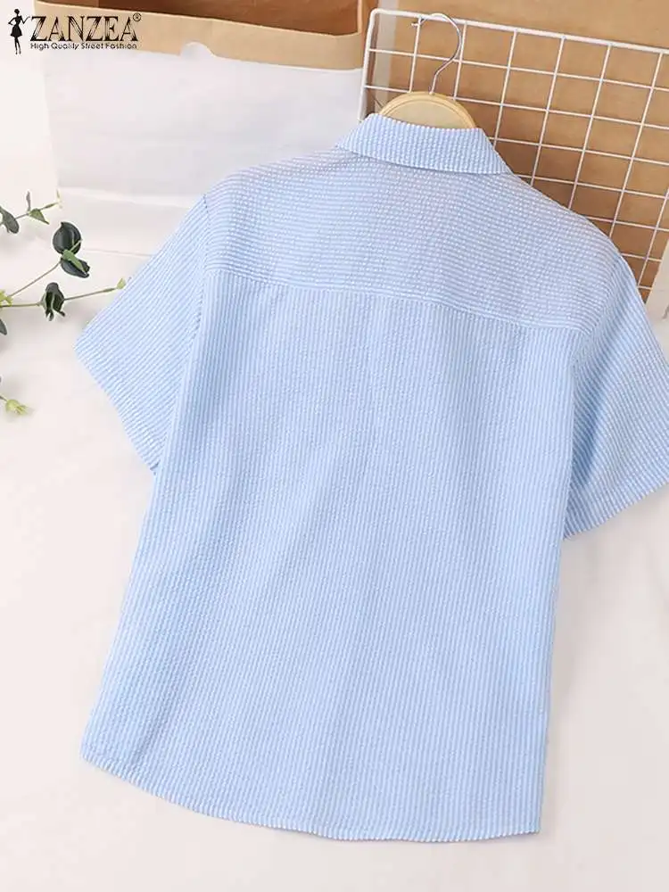 ZANZEA Women Fashion Striped Textured Shirts Korean Style Heart-shaped Detail Button Up Camisas 2024 Summer Casual Loose Blouses