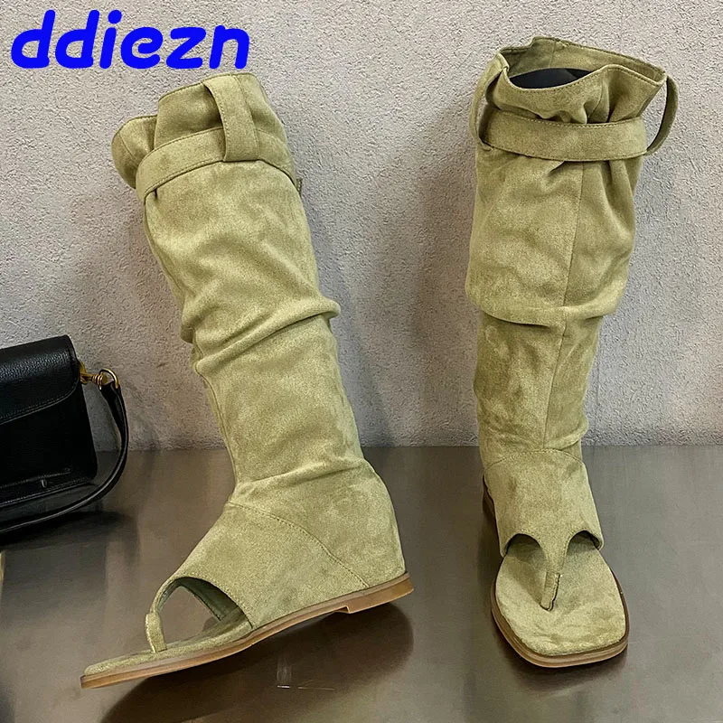 Footwear New In 2024 Women Knee High Heels Sandals Boots Female Fashion Height Increasing Ladies Western Boots Flip Flops Shoes