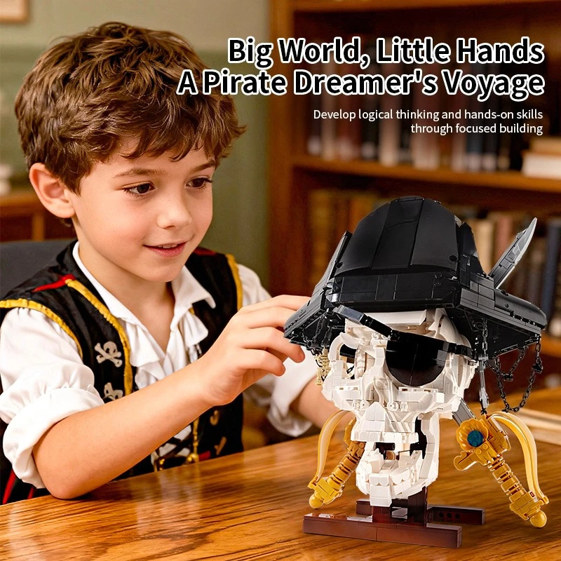 

1167PCS Pirate Captain Skull Model Building Blocks Kit Small Particle Assembly Toy Collectible Ornaments Boy Halloween Gifts