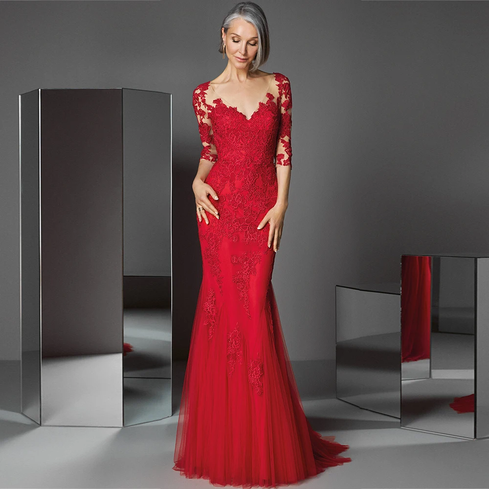 

Red Mermaid Mother Of The Bride Dresses For Weddings Applique Elegant Wedding Party Dress Button Wedding Guest Dresses For Women