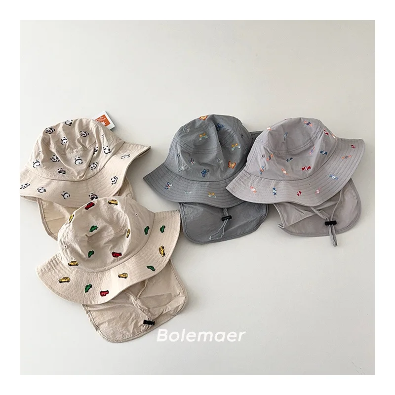 Summer Thin Young Kids Sunshade Hat Korean Fashion Cartoon Protect Neck Bucket Hat 1-4 Year Baby Soft Breathable Waterproof Hat