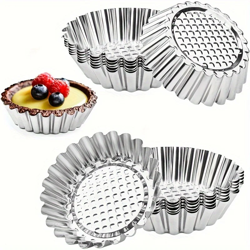 10 Uds. Moldes grandes antiadherentes de acero inoxidable para tarta de huevo, moldes para hornear estriados para tartas, pasteles y tartas perfectos, herramientas de cocina para hornear