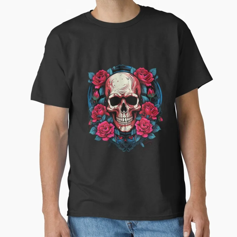 

Skull and Roses Old school devil Goth style Horror skeleton Halloween gift T shirt for Day of the Dead large size Tops S-6XL