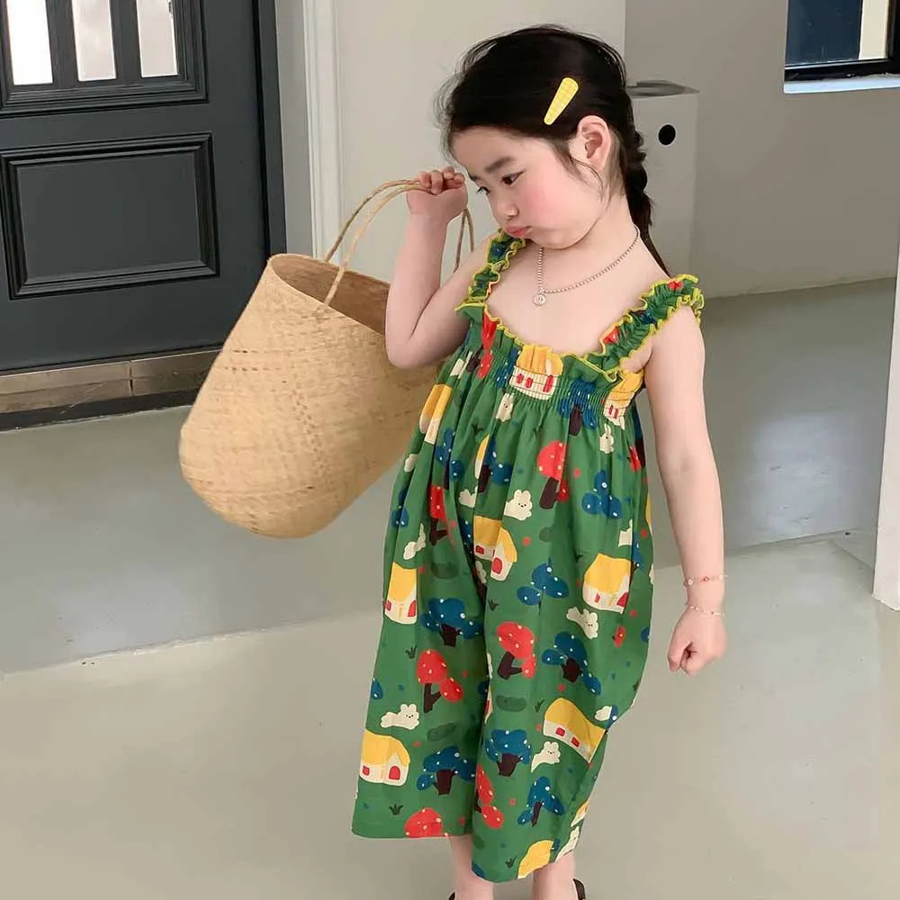 Girls' Suspender Pants Summer Outfit New Korean Version Breathable Cartoon Jumpsuit One-piece Cropped Pants for Children 2-7Y