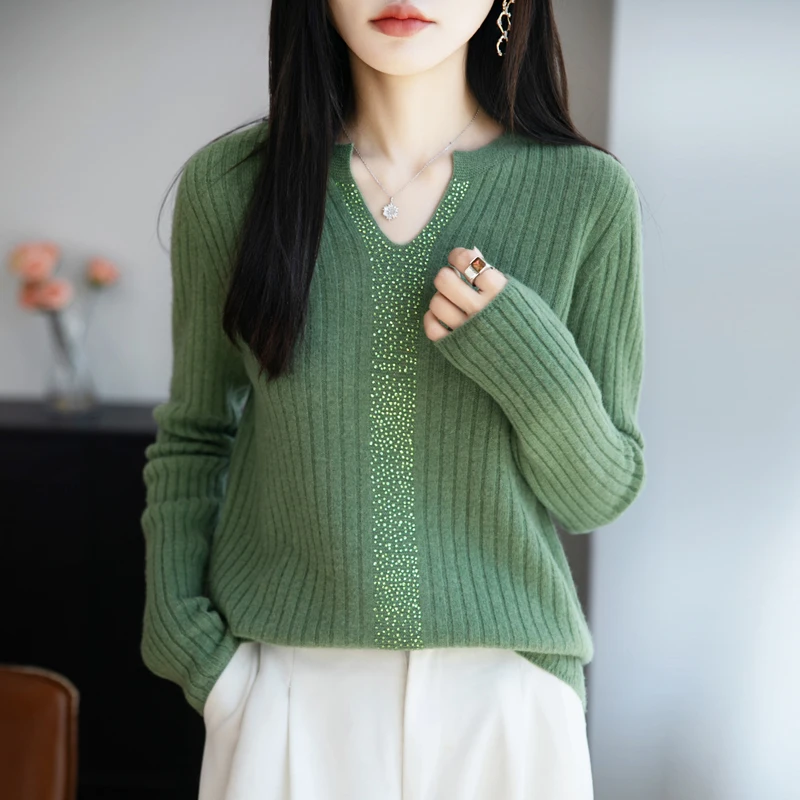 Jersey con cuello de tijeras para mujer, ropa nueva de otoño/invierno, Top de manga larga tejido de lana con proceso de diamante caliente de 100%