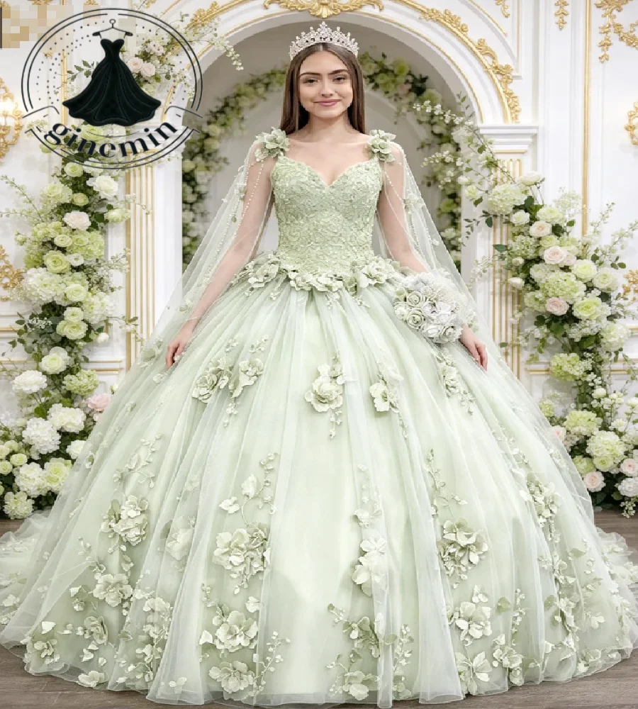 Sage Green Quinceanera Dress 3D Floral Appliques Cap Sleeve Beaded Lace Sweet 15 Photoshoot Halloween Elf Birthday Party Gown