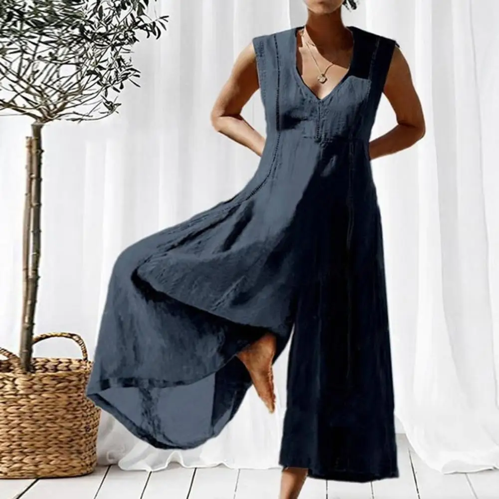 Women Jumpsuit Cotton And Linen Wide Leg V-neck Pure Color Lady Summer Jumpsuit Loose Low-cut Plus Size Female Jumpsuit Rompers