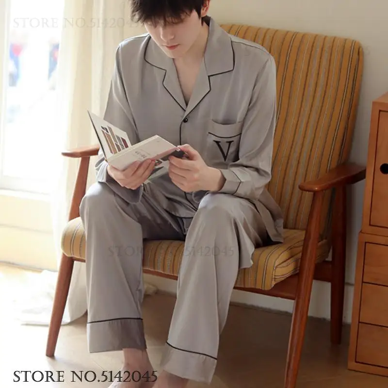 Male 2PCS Pajamas Set Sleepwear Spring Summer Silk Satin Pijamas Loungewear Long Sleeve Trouser Suits Loose Home Clothing Pyjama